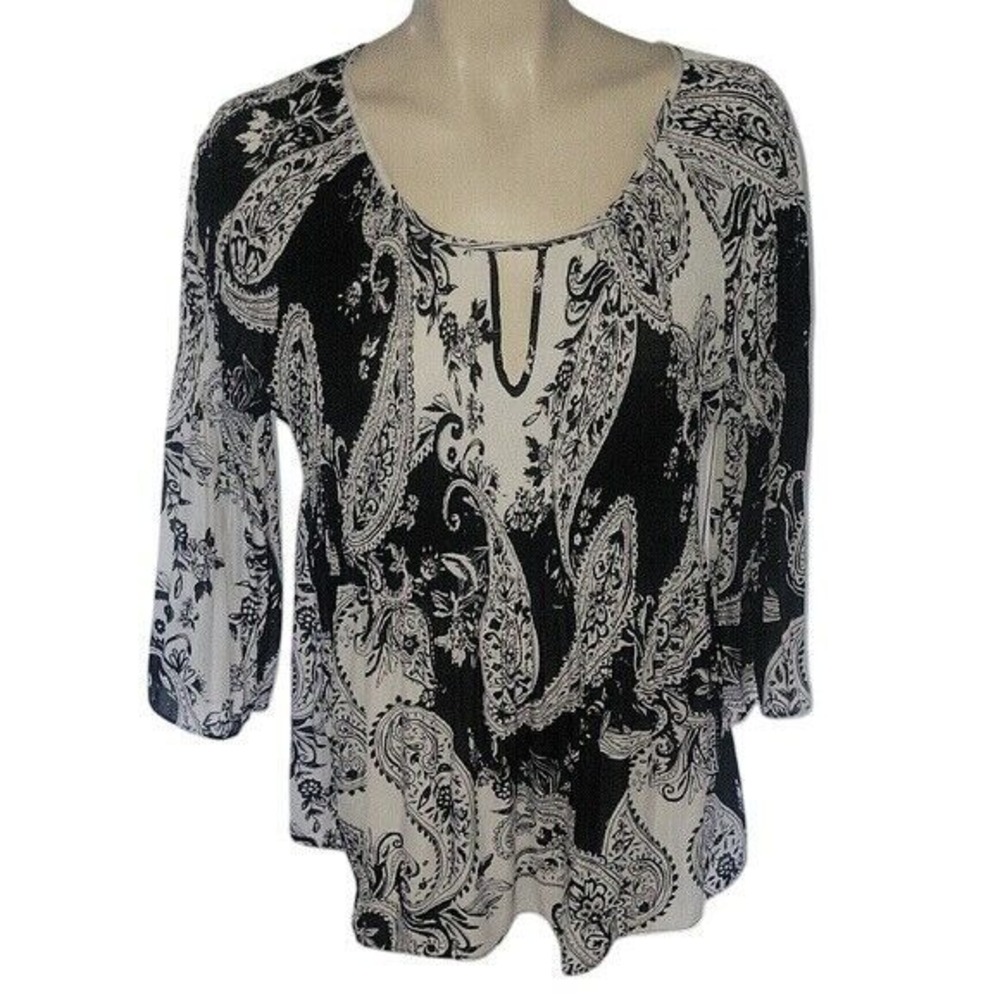 SPENSE Paisley‎ Graphic Blouse Relaxed Fit L Crepe Flutter Sleeve Contemporary